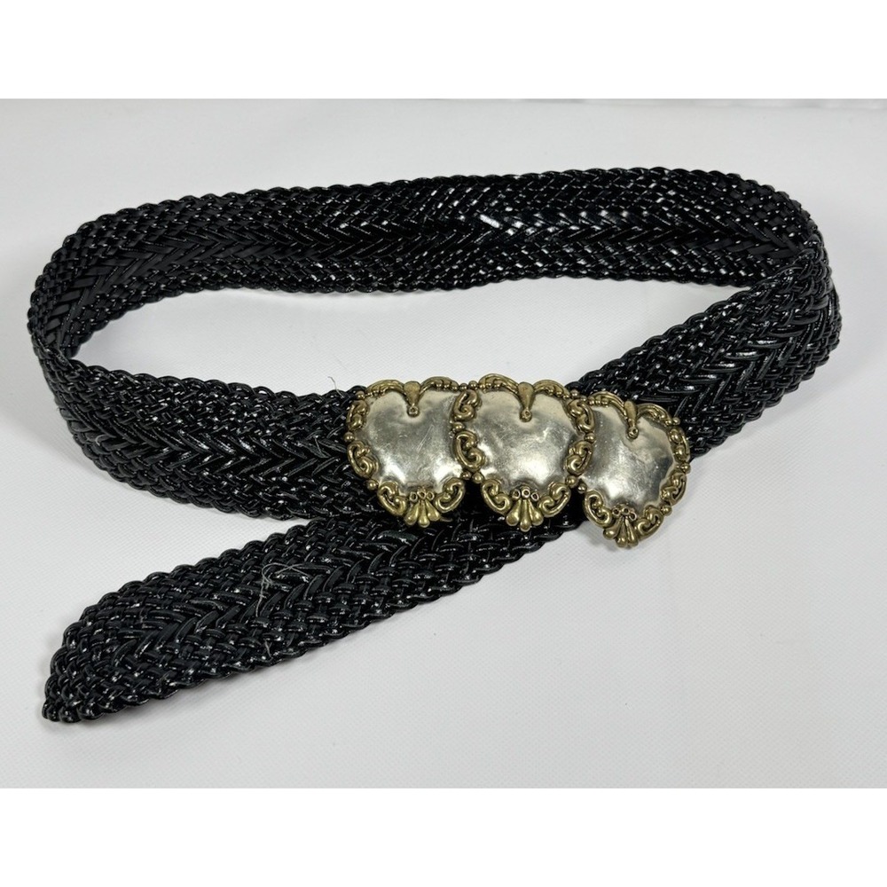Vintage Black Woven Belt Gold Tone Triple Heart Medallion Buckle Boho Retro Wide